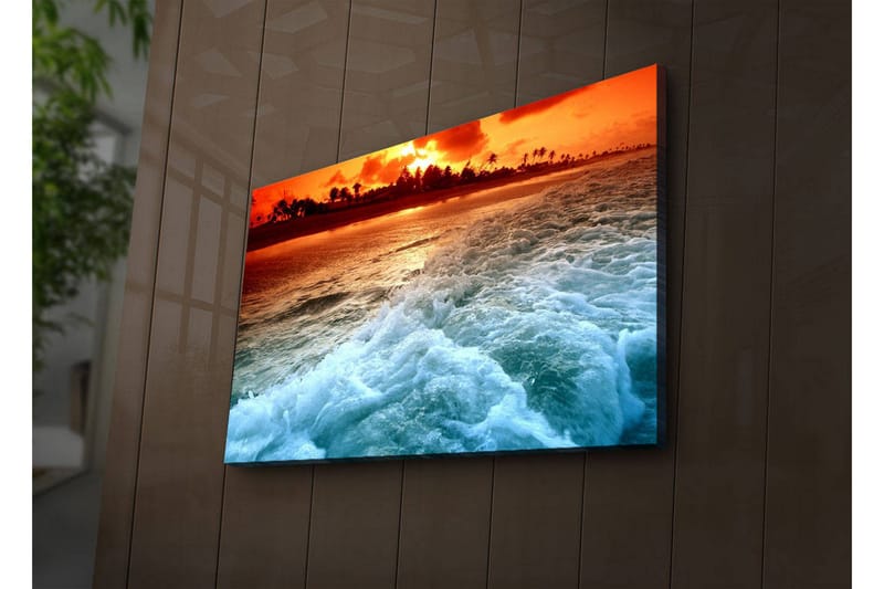 Canvastavla med LED-belysning 45x70 cm - Solnedgång över havet med vågor som skummar vid stranden - Orange / Blå / Vit - Inredning & dekor - Tavlor & konst - Canvastavla