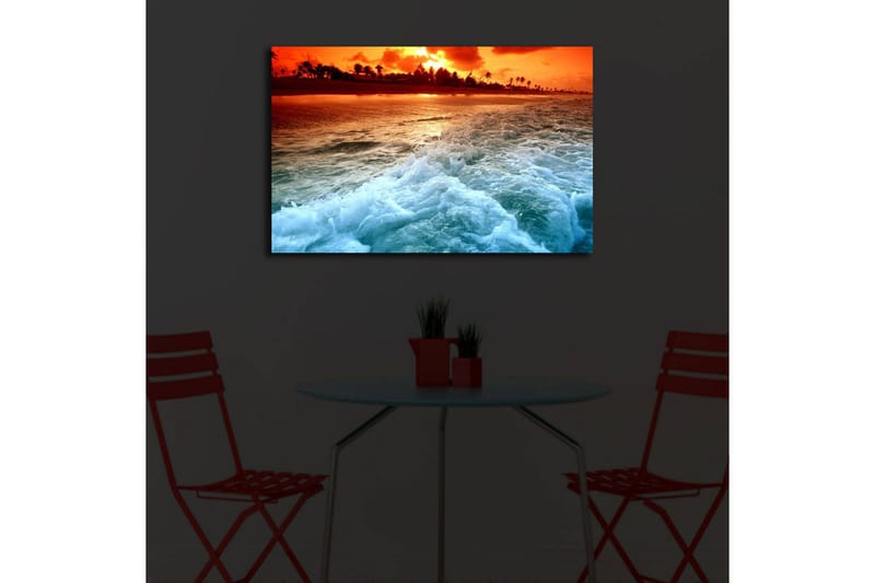 Canvastavla med LED-belysning 45x70 cm - Solnedgång över havet med vågor som skummar vid stranden - Orange / Blå / Vit - Inredning & dekor - Tavlor & konst - Canvastavla