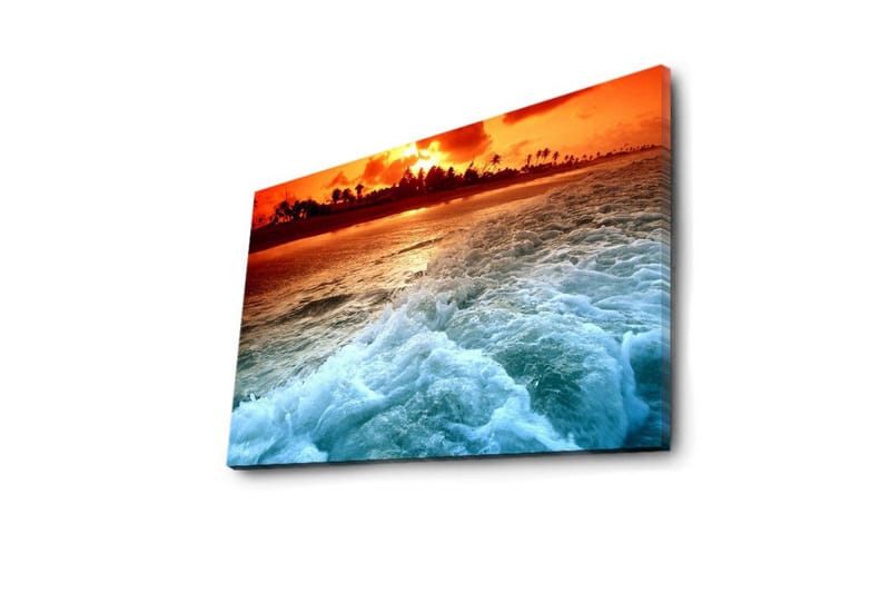Canvastavla med LED-belysning 45x70 cm - Solnedgång över havet med vågor som skummar vid stranden - Orange / Blå / Vit - Inredning & dekor - Tavlor & konst - Canvastavla