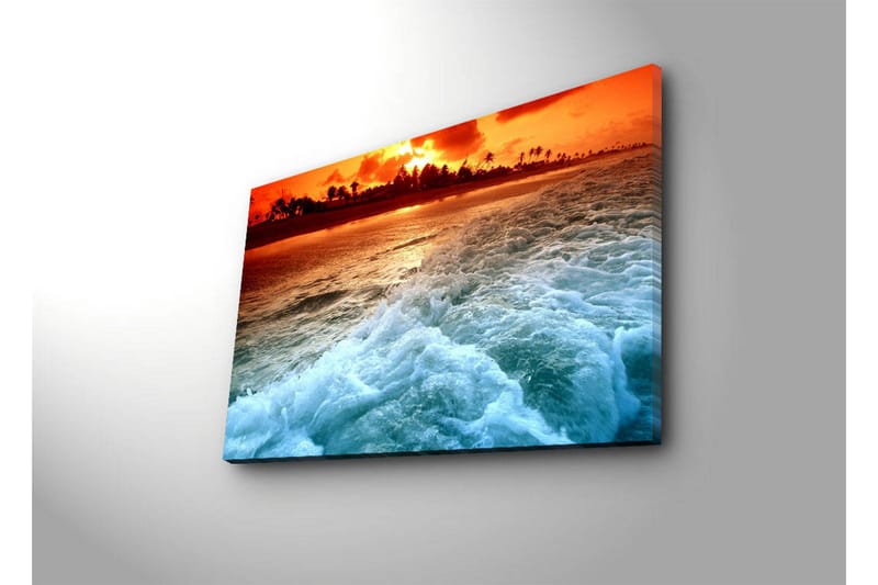 Canvastavla med LED-belysning 45x70 cm - Solnedgång över havet med vågor som skummar vid stranden - Orange / Blå / Vit - Inredning & dekor - Tavlor & konst - Canvastavla