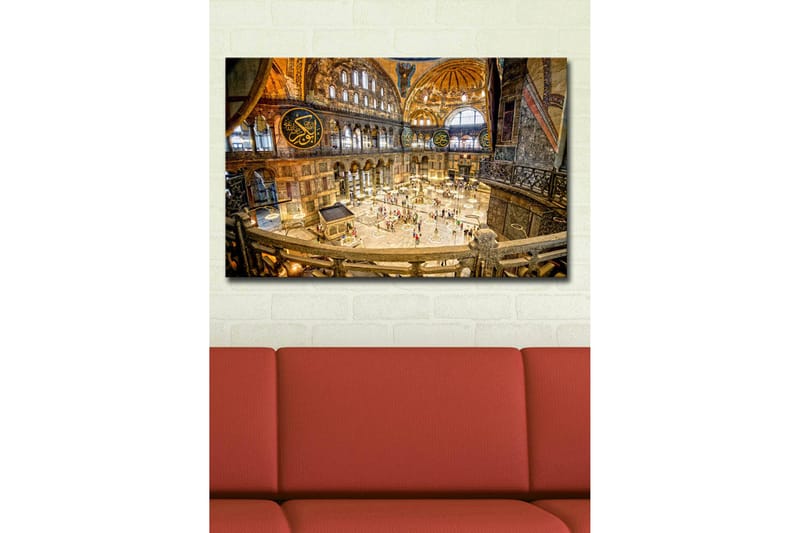 Canvastavla med LED-belysning 45x70 cm - Storslagen interiör av en historisk byggnad med detaljerad arkitektur och människor i rörelse - Guld / Brunt / Blått - Inredning & dekor - Tavlor & konst - Canvastavla