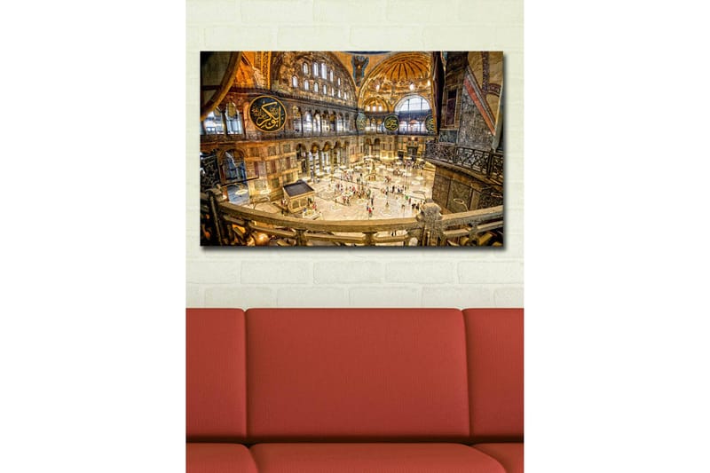 Canvastavla med LED-belysning 45x70 cm - Storslagen interiör av en historisk byggnad med detaljerad arkitektur och människor i rörelse - Guld / Brunt / Blått - Inredning & dekor - Tavlor & konst - Canvastavla