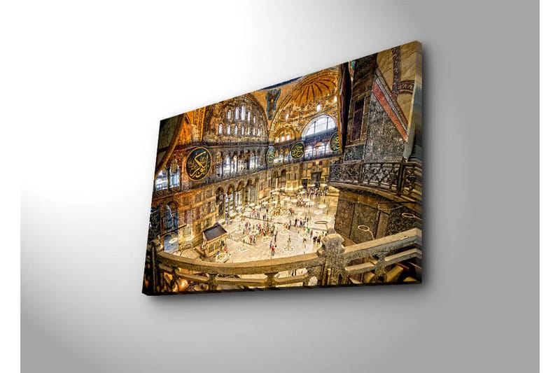 Canvastavla med LED-belysning 45x70 cm - Storslagen interiör av en historisk byggnad med detaljerad arkitektur och människor i rörelse - Guld / Brunt / Blått - Inredning & dekor - Tavlor & konst - Canvastavla