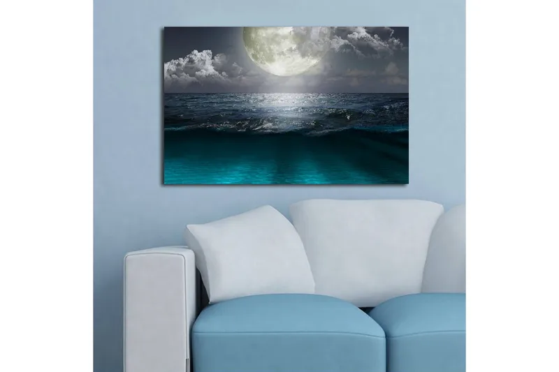 Canvastavla med LED-belysning 45x70 cm - Storslagen måne över ett stormigt hav - Mörkblå / Turkos / Grå - Inredning & dekor - Tavlor & konst - Canvastavla