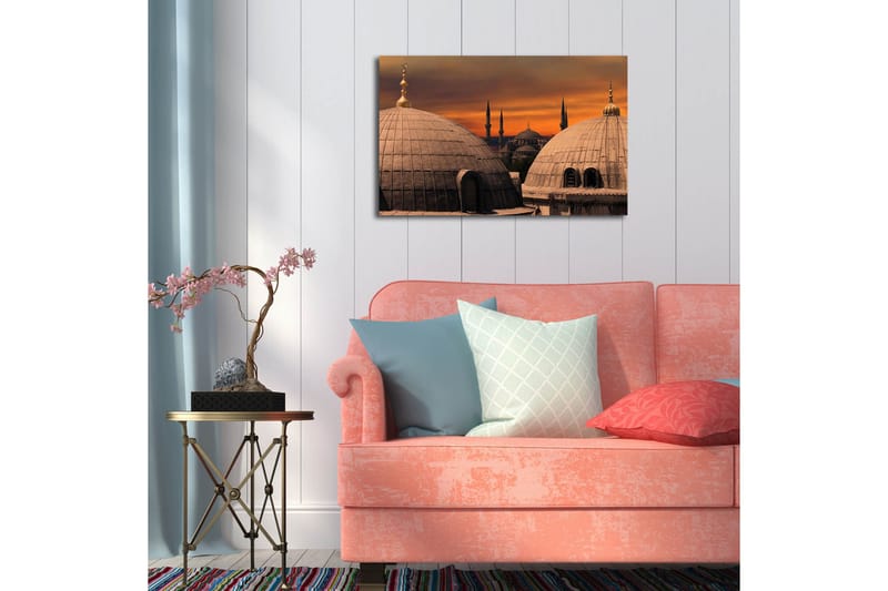 Canvastavla med LED-belysning 45x70 cm - Storslagen vy av moskéer med kupoler och minareter mot en färgsprakande solnedgång - Guld / Grå / Orange - Inredning & dekor - Tavlor & konst - Canvastavla