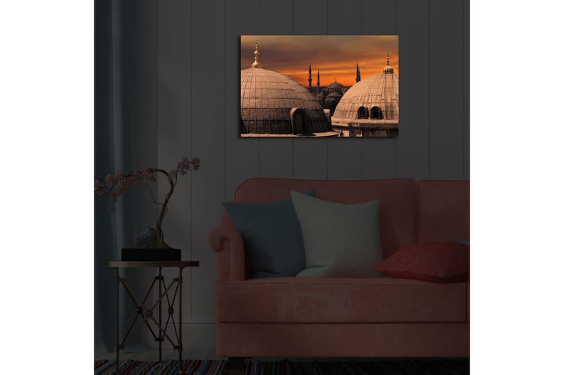 Canvastavla med LED-belysning 45x70 cm - Storslagen vy av moskéer med kupoler och minareter mot en färgsprakande solnedgång - Guld / Grå / Orange - Inredning & dekor - Tavlor & konst - Canvastavla