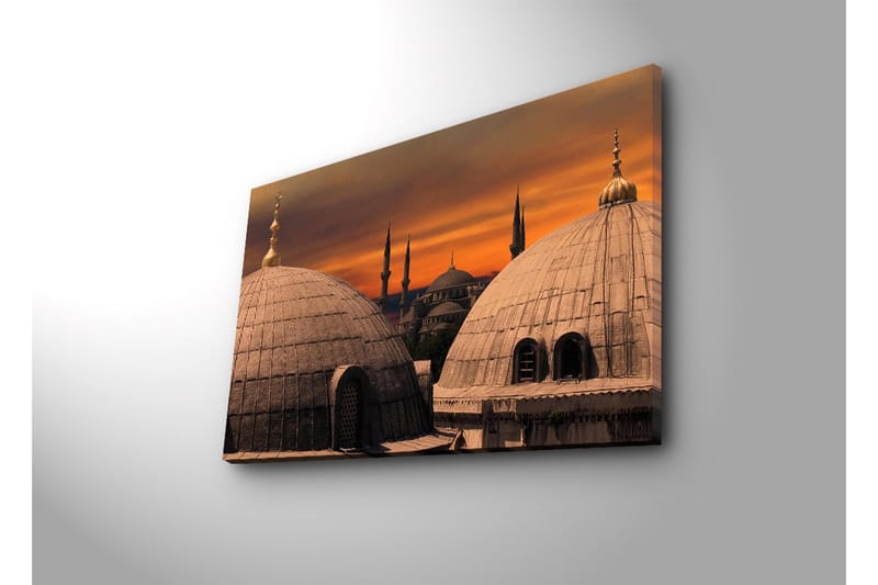Canvastavla med LED-belysning 45x70 cm - Storslagen vy av moskéer med kupoler och minareter mot en färgsprakande solnedgång - Guld / Grå / Orange - Inredning & dekor - Tavlor & konst - Canvastavla