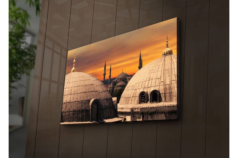 Canvastavla med LED-belysning 45x70 cm - Storslagen vy av moskéer med kupoler och minareter mot en färgsprakande solnedgång - Guld / Grå / Orange - Inredning & dekor - Tavlor & konst - Canvastavla