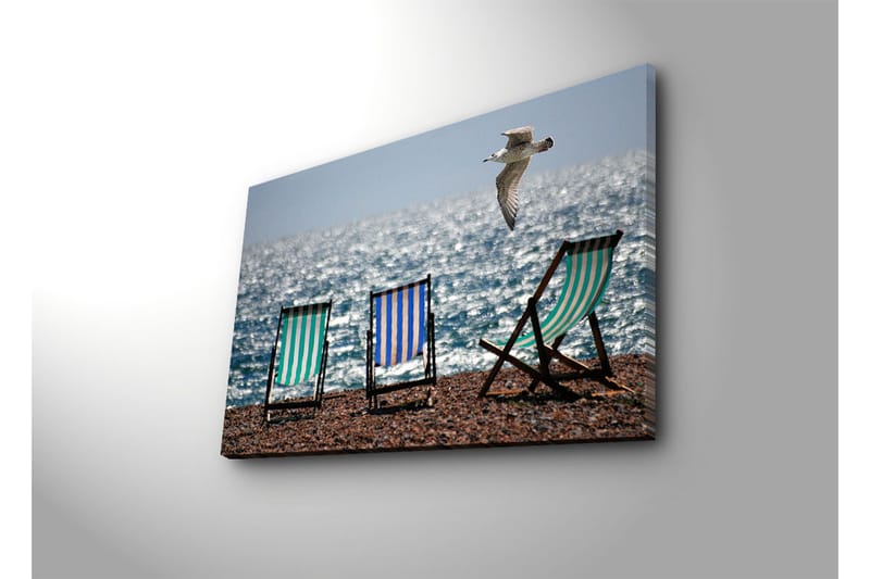 Canvastavla med LED-belysning 45x70 cm - Strandstolar vid havet med en flygande mås - Grön / Blå / Vit - Inredning & dekor - Tavlor & konst - Canvastavla