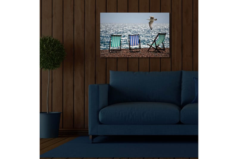 Canvastavla med LED-belysning 45x70 cm - Strandstolar vid havet med en flygande mås - Grön / Blå / Vit - Inredning & dekor - Tavlor & konst - Canvastavla