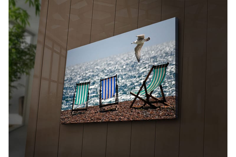 Canvastavla med LED-belysning 45x70 cm - Strandstolar vid havet med en flygande mås - Grön / Blå / Vit - Inredning & dekor - Tavlor & konst - Canvastavla