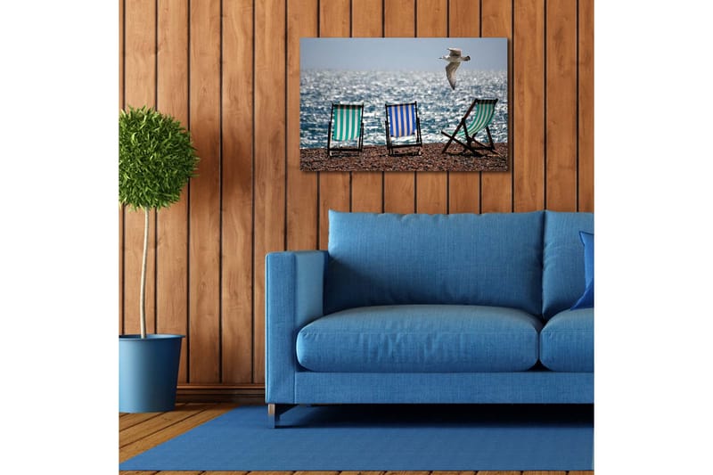 Canvastavla med LED-belysning 45x70 cm - Strandstolar vid havet med en flygande mås - Grön / Blå / Vit - Inredning & dekor - Tavlor & konst - Canvastavla