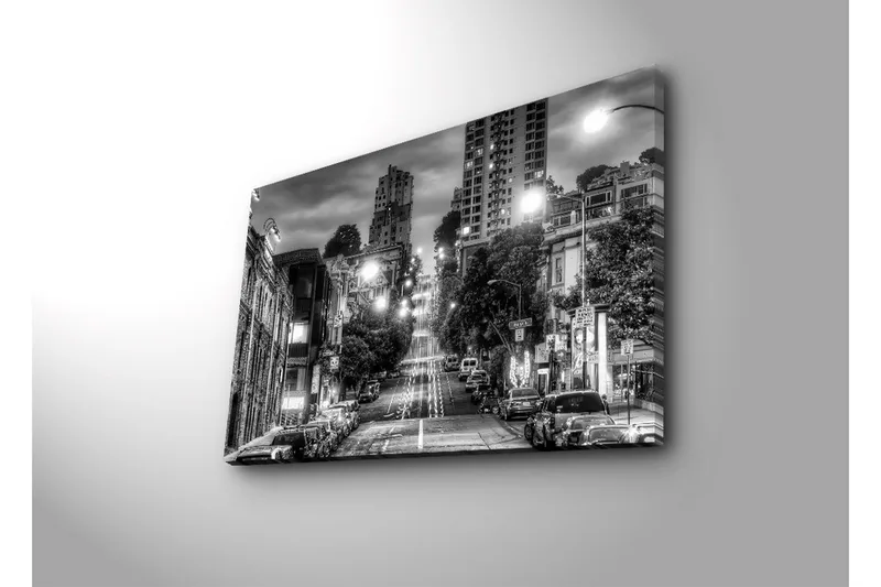 Canvastavla med LED-belysning 45x70 cm - Svartvit stadsbild med en brant gata och bilar längs trottoaren - Svart / Vitt / Grått - Inredning & dekor - Tavlor & konst - Canvastavla