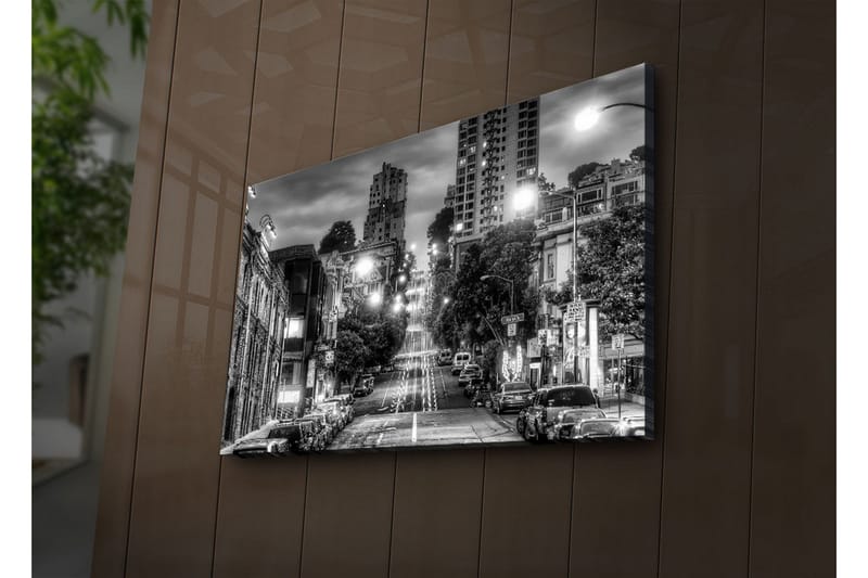 Canvastavla med LED-belysning 45x70 cm - Svartvit stadsbild med en brant gata och bilar längs trottoaren - Svart / Vitt / Grått - Inredning & dekor - Tavlor & konst - Canvastavla