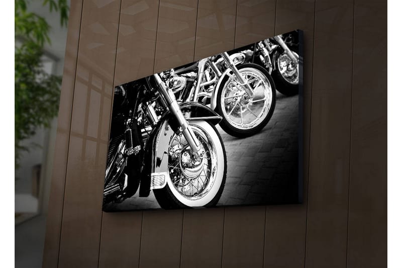 Canvastavla med LED-belysning 45x70 cm - Svartvita motorcykelhjul i rad - Svart / Vitt / Silver - Inredning & dekor - Tavlor & konst - Canvastavla