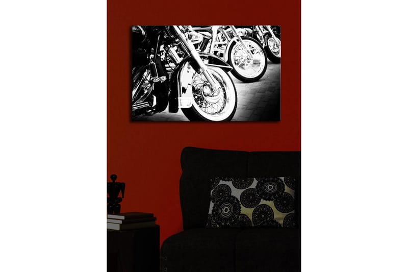 Canvastavla med LED-belysning 45x70 cm - Svartvita motorcykelhjul i rad - Svart / Vitt / Silver - Inredning & dekor - Tavlor & konst - Canvastavla