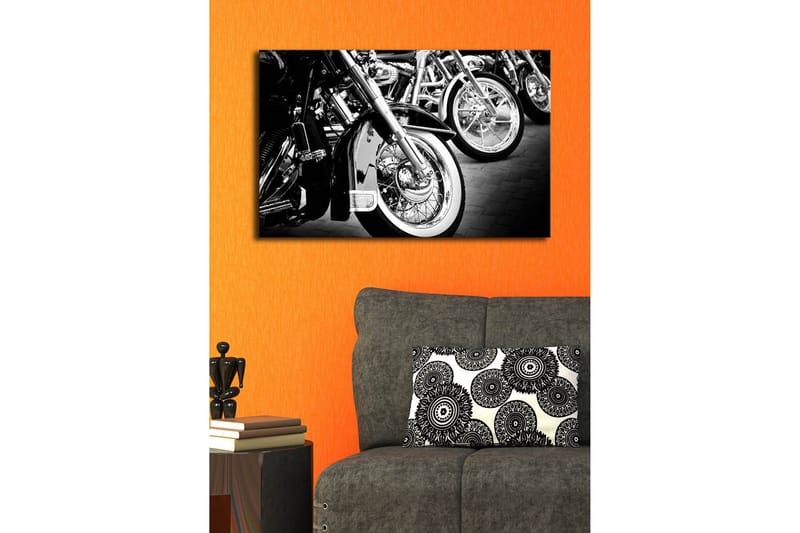 Canvastavla med LED-belysning 45x70 cm - Svartvita motorcykelhjul i rad - Svart / Vitt / Silver - Inredning & dekor - Tavlor & konst - Canvastavla