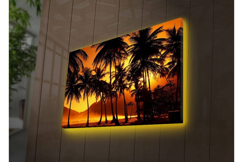 Canvastavla med LED-belysning 45x70 cm - Tropisk solnedgång med palmer i silhuett, Orange / Svart