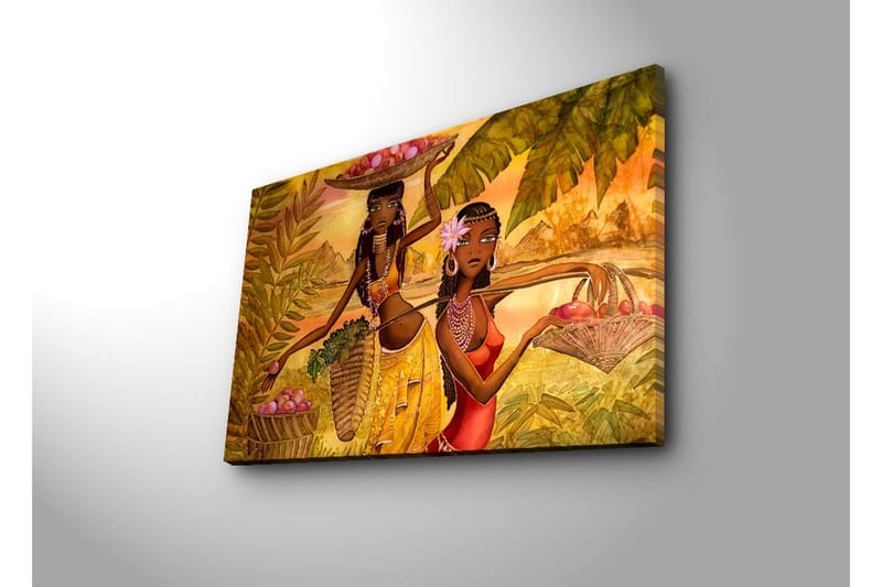 Canvastavla med LED-belysning 45x70 cm - Två kvinnor som bär frukt i en tropisk miljö - Guld / Grön / Röd - Inredning & dekor - Tavlor & konst - Canvastavla
