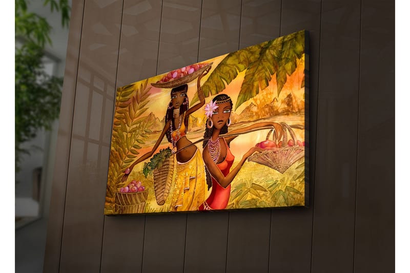 Canvastavla med LED-belysning 45x70 cm - Två kvinnor som bär frukt i en tropisk miljö - Guld / Grön / Röd - Inredning & dekor - Tavlor & konst - Canvastavla