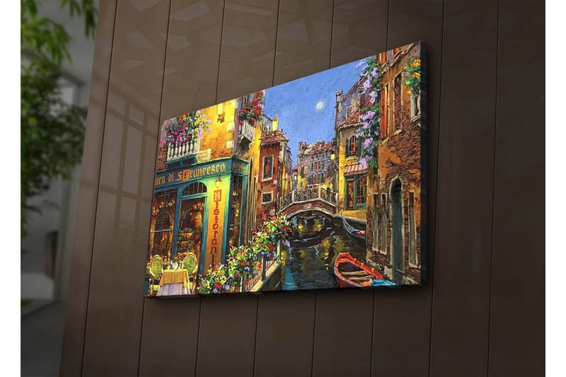 Canvastavla med LED-belysning 45x70 cm - Vacker kanal med färgglada hus och blomsterprydda balkonger - Gult / Grönt / Blått - Inredning & dekor - Tavlor & konst - Canvastavla