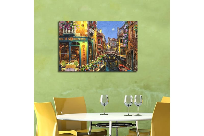 Canvastavla med LED-belysning 45x70 cm - Vacker kanal med färgglada hus och blomsterprydda balkonger - Gult / Grönt / Blått - Inredning & dekor - Tavlor & konst - Canvastavla