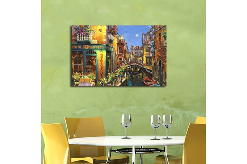 Canvastavla med LED-belysning 45x70 cm - Vacker kanal med färgglada hus och blomsterprydda balkonger - Gult / Grönt / Blått - Inredning & dekor - Tavlor & konst - Canvastavla