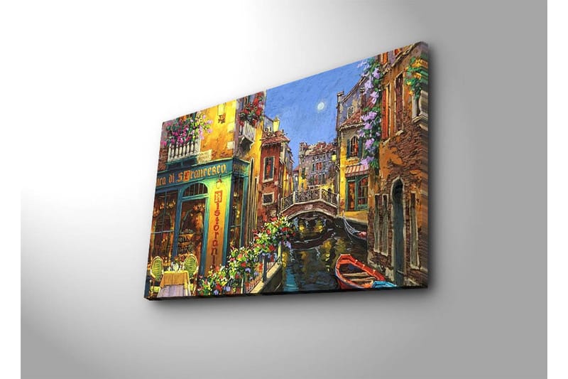 Canvastavla med LED-belysning 45x70 cm - Vacker kanal med färgglada hus och blomsterprydda balkonger - Gult / Grönt / Blått - Inredning & dekor - Tavlor & konst - Canvastavla