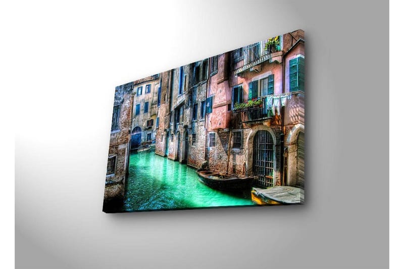 Canvastavla med LED-belysning 45x70 cm - Vacker kanal med historiska byggnader och båtar i en pittoresk miljö - Grön / Rosa / Blå - Inredning & dekor - Tavlor & konst - Canvastavla