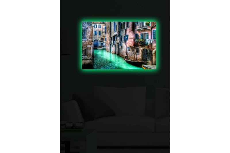 Canvastavla med LED-belysning 45x70 cm - Vacker kanal med historiska byggnader och båtar i en pittoresk miljö - Grön / Rosa / Blå - Inredning & dekor - Tavlor & konst - Canvastavla