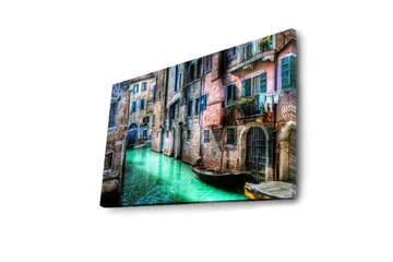 Canvastavla med LED-belysning 45x70 cm - Vacker kanal med historiska byggnader och båtar i en pittoresk miljö - Grön / Rosa / Blå - Inredning & dekor - Tavlor & konst - Canvastavla