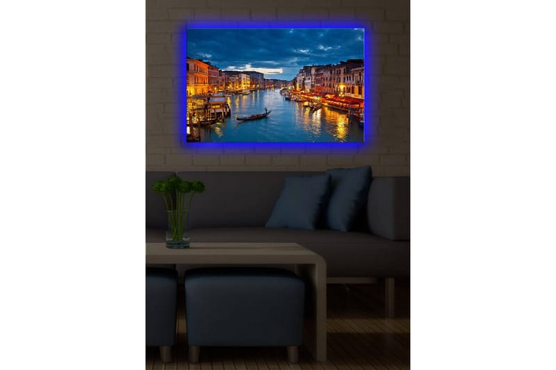 Canvastavla med LED-belysning 45x70 cm - Vacker vy över en kanal i Venedig med upplysta byggnader vid vattnet - Blå / Orange / Grön - Inredning & dekor - Tavlor & konst - Canvastavla
