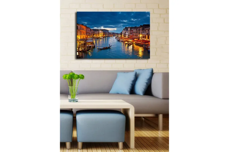 Canvastavla med LED-belysning 45x70 cm - Vacker vy över en kanal i Venedig med upplysta byggnader vid vattnet - Blå / Orange / Grön - Inredning & dekor - Tavlor & konst - Canvastavla