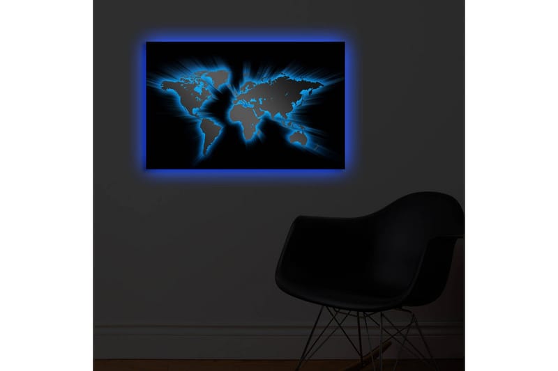 Canvastavla med LED-belysning 45x70 cm - Världskarta med ljusblå konturer mot en svart bakgrund - Svart / Ljusblå - Inredning & dekor - Tavlor & konst - Canvastavla