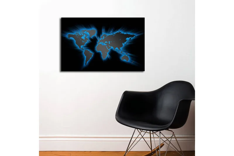 Canvastavla med LED-belysning 45x70 cm - Världskarta med ljusblå konturer mot en svart bakgrund - Svart / Ljusblå - Inredning & dekor - Tavlor & konst - Canvastavla