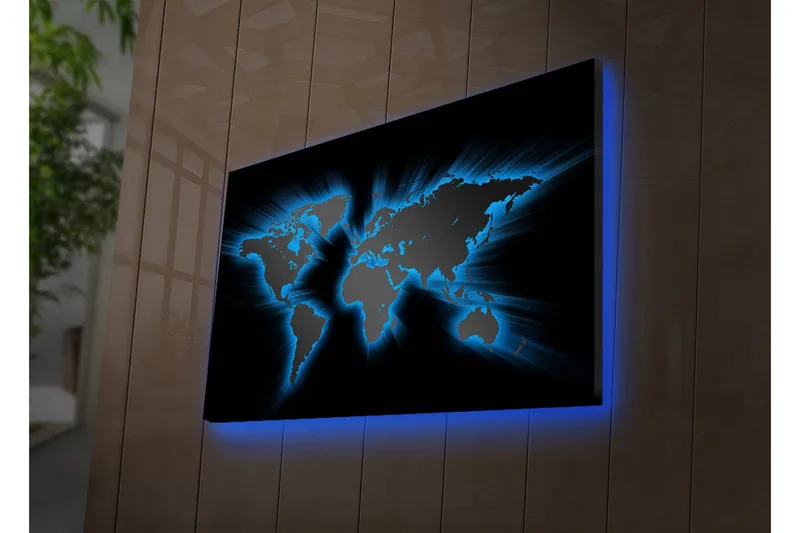 Canvastavla med LED-belysning 45x70 cm - Världskarta med ljusblå konturer mot en svart bakgrund - Svart / Ljusblå - Inredning & dekor - Tavlor & konst - Canvastavla