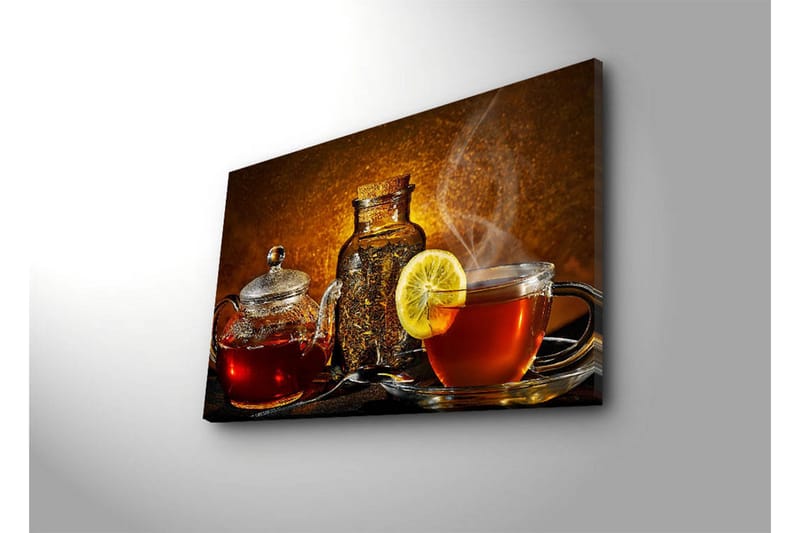 Canvastavla med LED-belysning 45x70 cm - Varm och inbjudande teuppsättning med citronskiva - Röd / Brun / Gul - Inredning & dekor - Tavlor & konst - Canvastavla