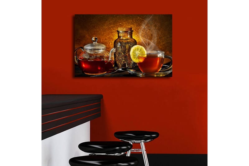 Canvastavla med LED-belysning 45x70 cm - Varm och inbjudande teuppsättning med citronskiva - Röd / Brun / Gul - Inredning & dekor - Tavlor & konst - Canvastavla