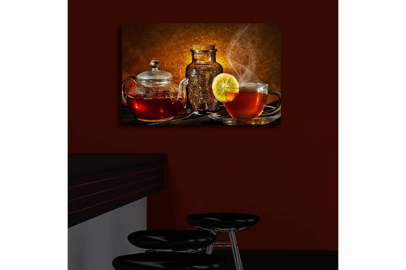Canvastavla med LED-belysning 45x70 cm - Varm och inbjudande teuppsättning med citronskiva - Röd / Brun / Gul - Inredning & dekor - Tavlor & konst - Canvastavla