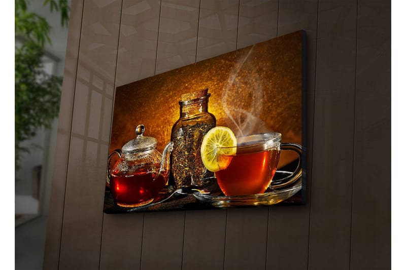 Canvastavla med LED-belysning 45x70 cm - Varm och inbjudande teuppsättning med citronskiva, Röd / Brun / Gul