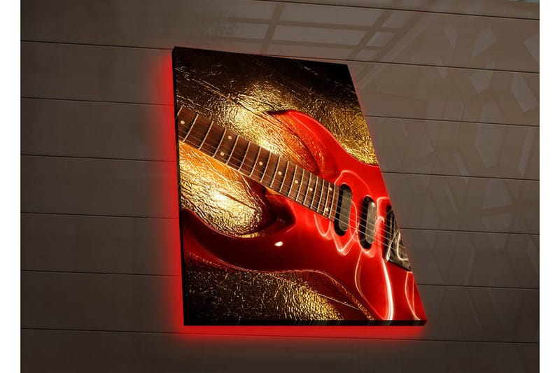 Canvastavla med LED-belysning 70x45 cm - Glänsande röd elgitarr med en gyllene bakgrund, Röd / Guld