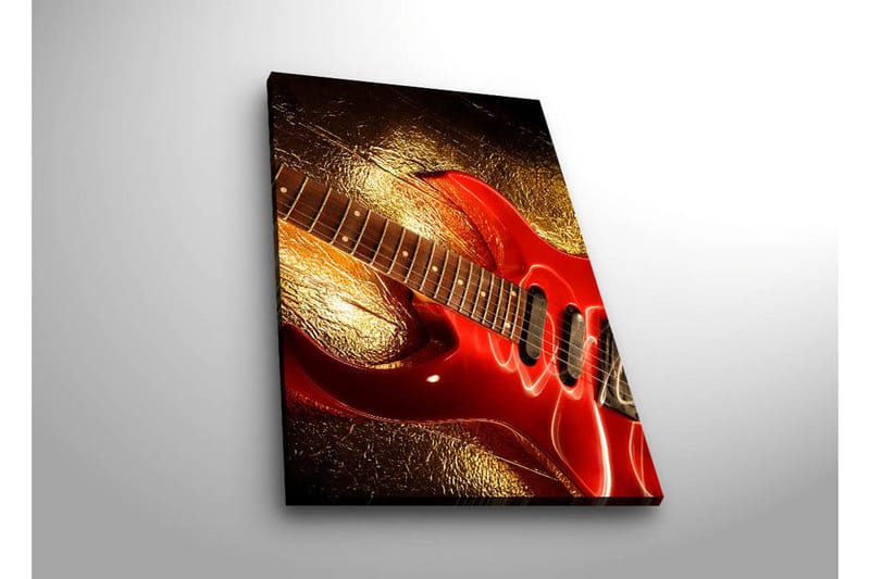 Canvastavla med LED-belysning 70x45 cm - Glänsande röd elgitarr med en gyllene bakgrund - Röd / Guld - Inredning & dekor - Tavlor & konst - Canvastavla