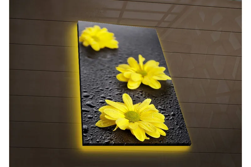Canvastavla med LED-belysning 70x45 cm - Gula blommor med droppar av vatten på en mörk yta - Gul / Svart - Inredning & dekor - Tavlor & konst - Canvastavla