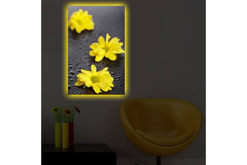 Canvastavla med LED-belysning 70x45 cm - Gula blommor med droppar av vatten på en mörk yta - Gul / Svart - Inredning & dekor - Tavlor & konst - Canvastavla