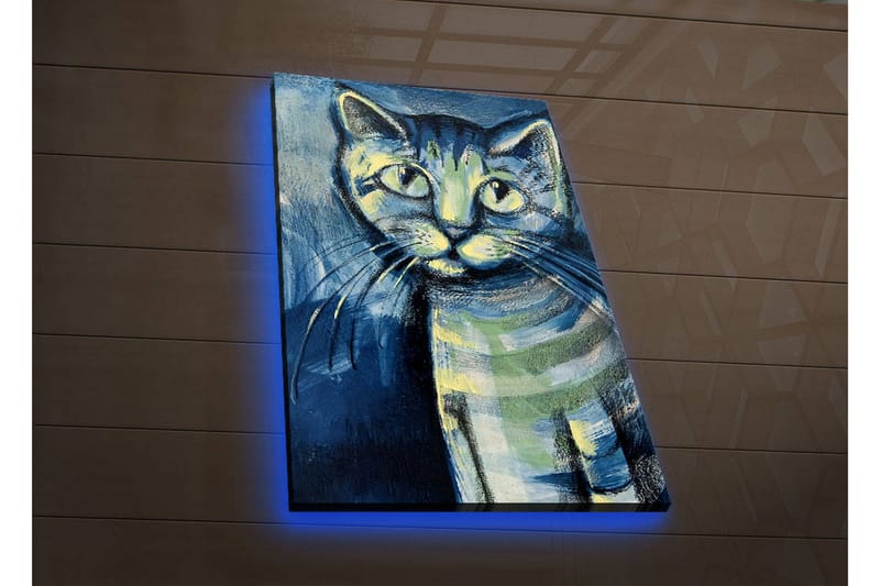 Canvastavla med LED-belysning 70x45 cm - Kattporträtt med uttrycksfulla ögon - Blå / Grön / Svart - Inredning & dekor - Tavlor & konst - Canvastavla