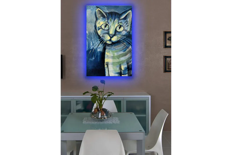 Canvastavla med LED-belysning 70x45 cm - Kattporträtt med uttrycksfulla ögon - Blå / Grön / Svart - Inredning & dekor - Tavlor & konst - Canvastavla