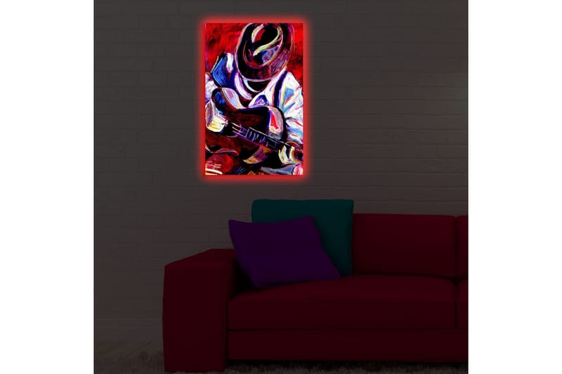 Canvastavla med LED-belysning 70x45 cm - Musiker som spelar gitarr med passionerat uttryck - Röd / Blå / Vit - Inredning & dekor - Tavlor & konst - Canvastavla