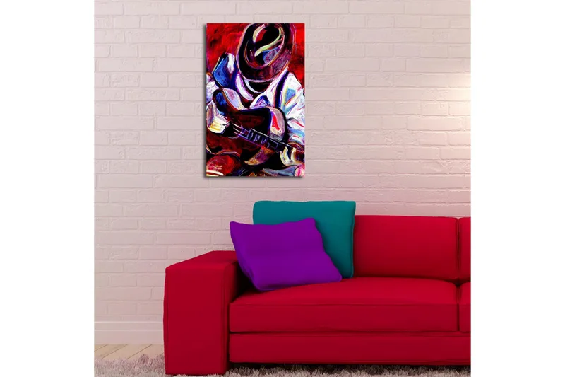 Canvastavla med LED-belysning 70x45 cm - Musiker som spelar gitarr med passionerat uttryck - Röd / Blå / Vit - Inredning & dekor - Tavlor & konst - Canvastavla