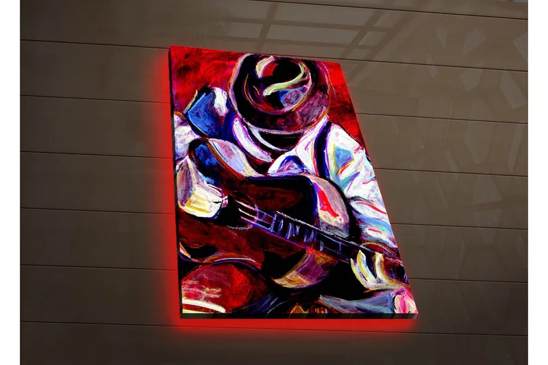 Canvastavla med LED-belysning 70x45 cm - Musiker som spelar gitarr med passionerat uttryck - Röd / Blå / Vit - Inredning & dekor - Tavlor & konst - Canvastavla