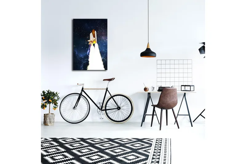 Canvastavla med LED-belysning 70x45 cm - Rymdfärja som lyfter mot stjärnhimlen - Mörkblå / Vit / Orange - Inredning & dekor - Tavlor & konst - Canvastavla